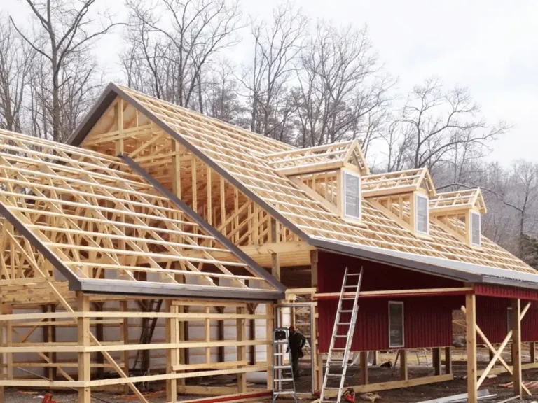Roof framing with rafters and ridge beam on a residential home