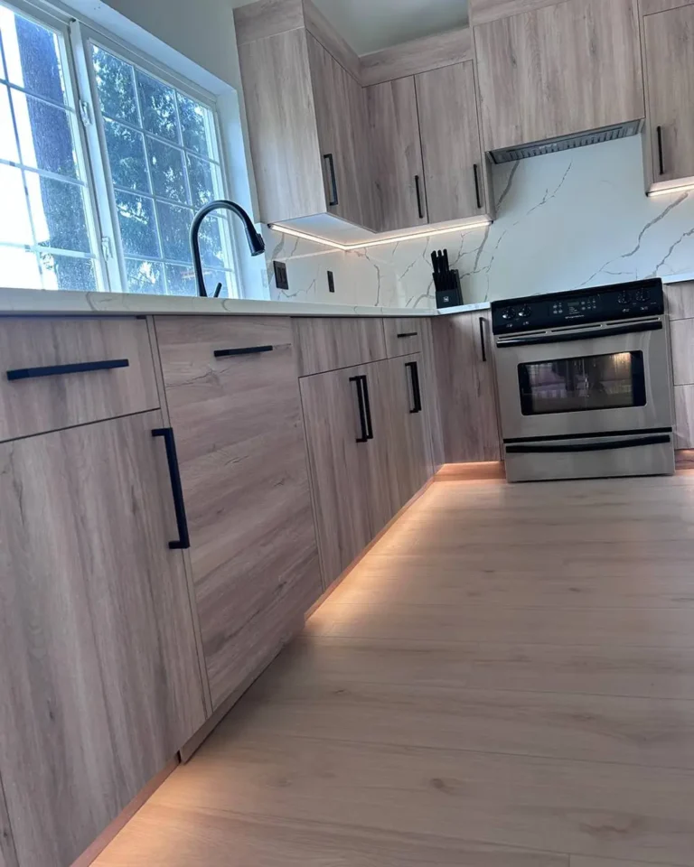 Custom cabinets and stone backsplash