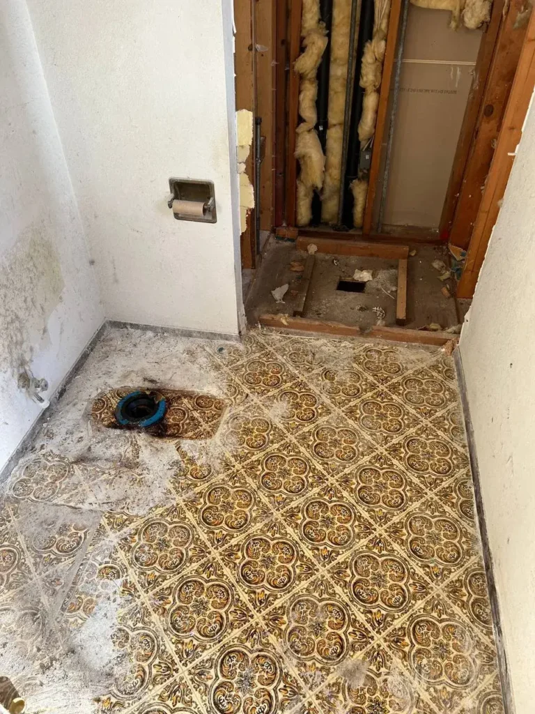 Before: bathroom with old patterned sheet vinyl flooring and exposed framing