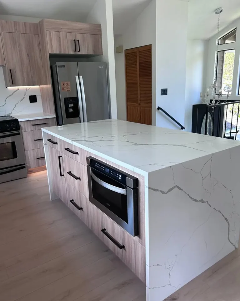 Kitchen island with new wood-look flooring